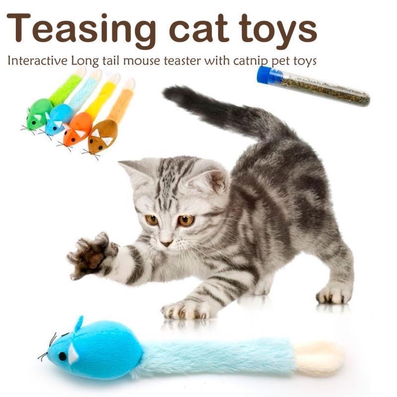Realistic long-tail crinkle plush mouse teaser toy for indoor cats