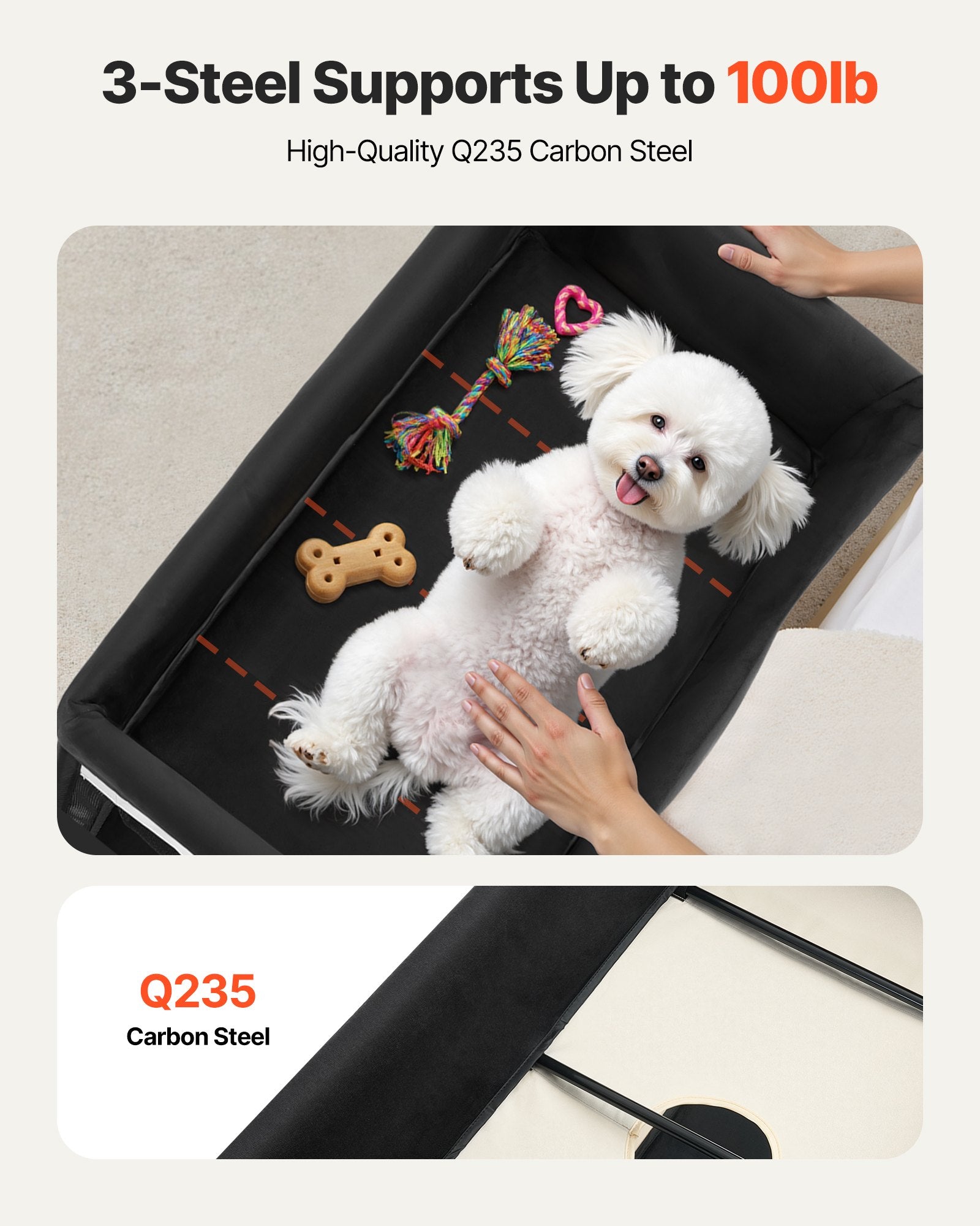 Bunk dog bed with wheels and side bags