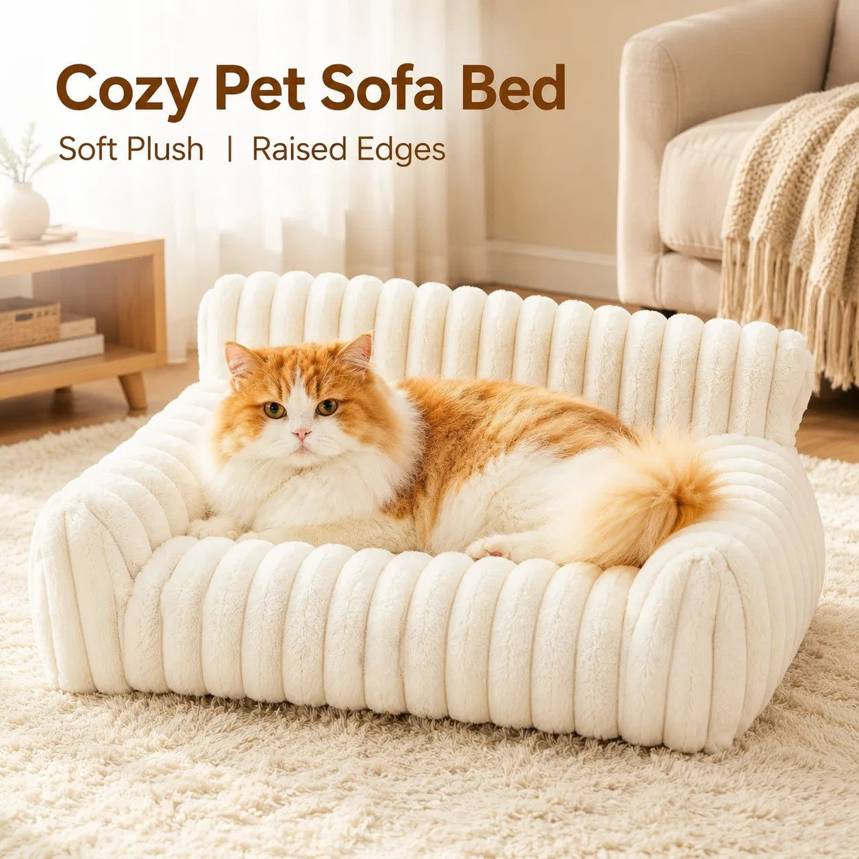 Cat resting on fluffy bolster couch