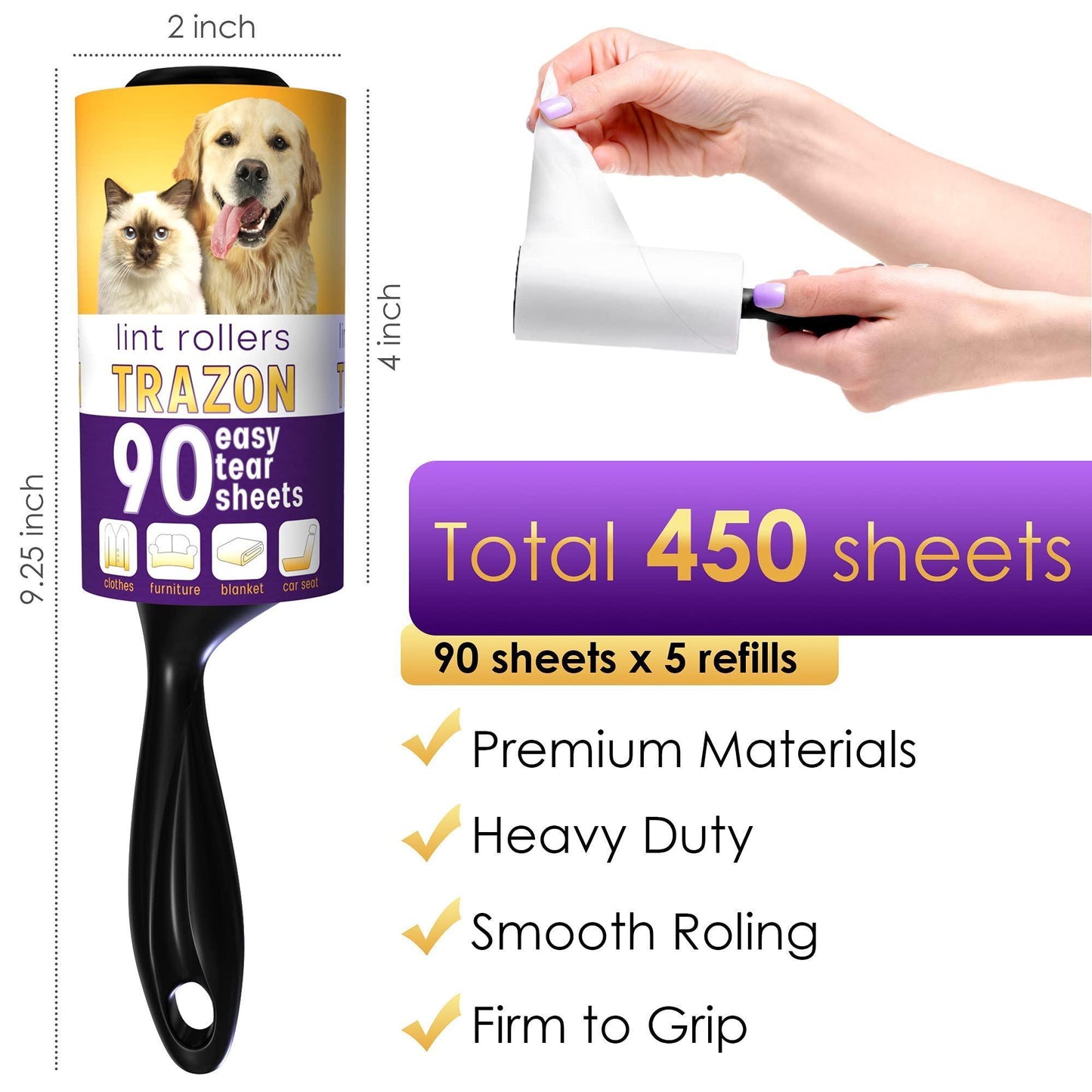 Pet Hair Lint Roller with 5 Refills (450 Sheets)