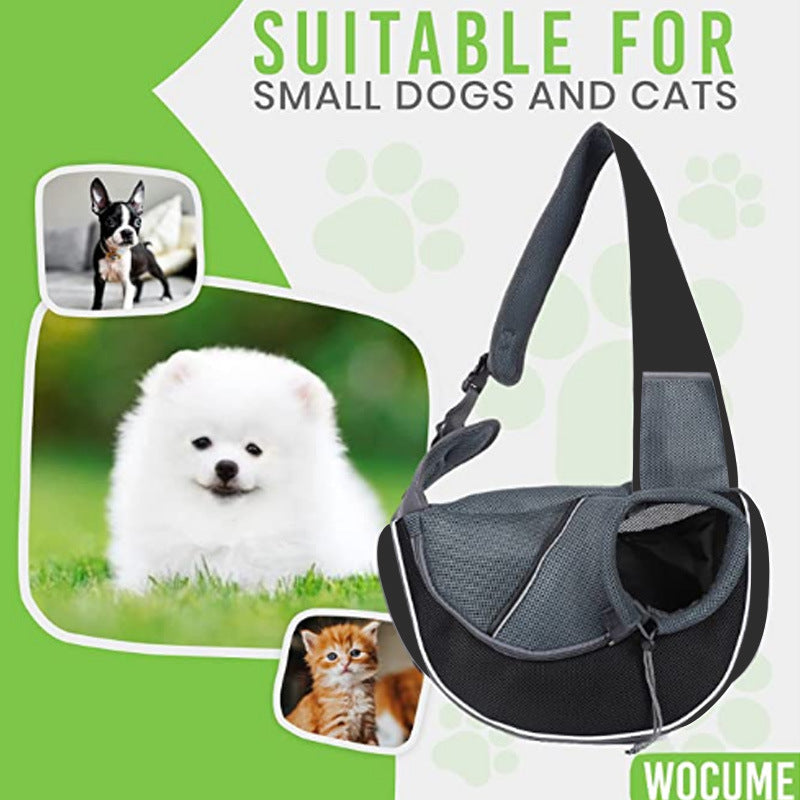 Breathable mesh pet crossbody carrier shown open