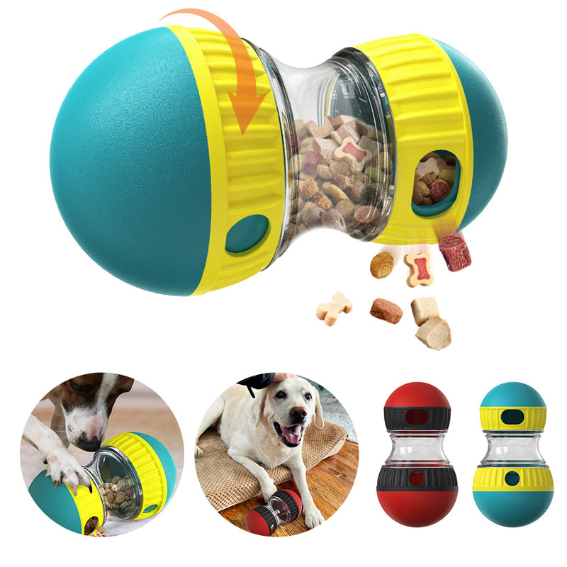 Dog puzzle toy dispensing treats as it wobbles and rolls