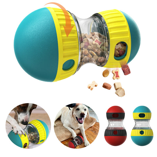 Dog puzzle toy dispensing treats as it wobbles and rolls