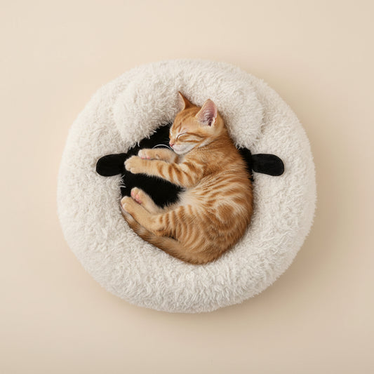 Sheep Donut Cat Bed, Fluffy Lamb Plush Calming Bed for Cats