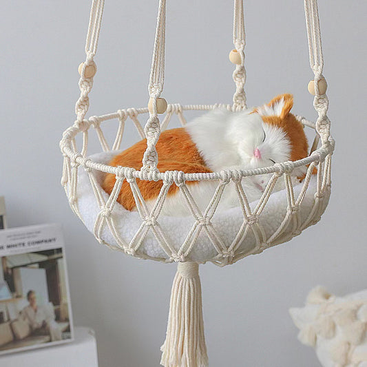 Macramé Hanging Cat Hammock, Boho Woven Rope Swing for Cats