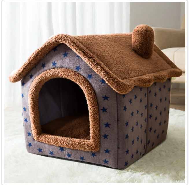 Enclosed plush cat villa house showing interior sleeping space