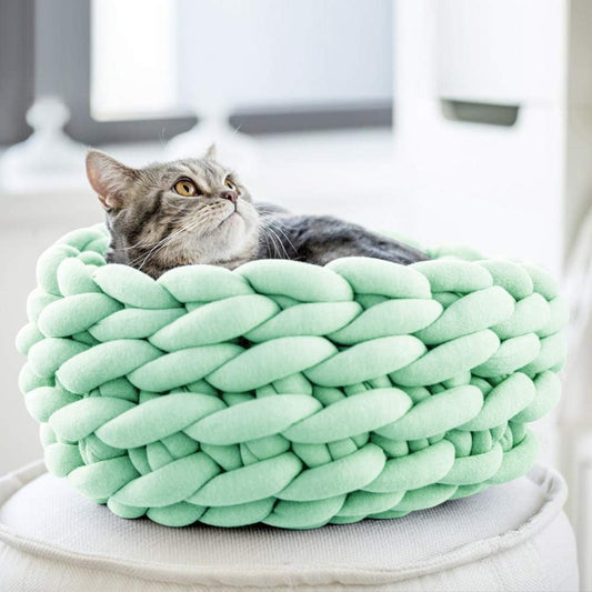 Boho Knitted Cat Basket Bed, Round Woven Nest for Cats & Kittens (view 7)