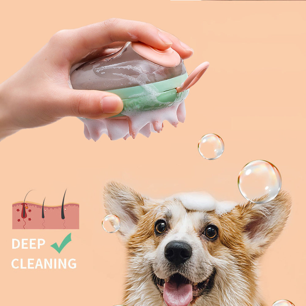 Pet bath brush with integrated shampoo dispenser in use